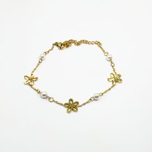 Ατσάλινο Επίχρυσο Βραχιόλι με Λουλούδια & Πέρλες