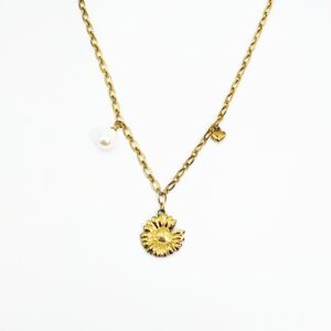 Ατσάλινο Επίχρυσο Κολιέ με Λουλούδι , Πέρλα & Καρδιά