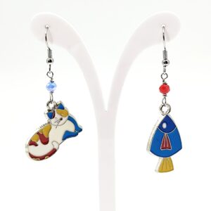 Ατσάλινα Κρεμαστά Σκουλαρίκια με Γάτα & Ψάρι