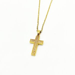 Ατσάλινο Επίχρυσο Κολιέ με Σταυρό & Στρας