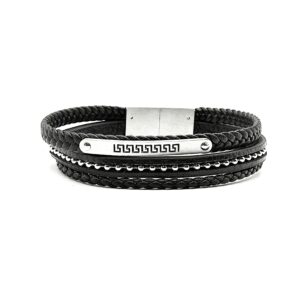 Τριπλό Δερμάτινο Βραχιόλι με Ατσάλινο Στοιχείο